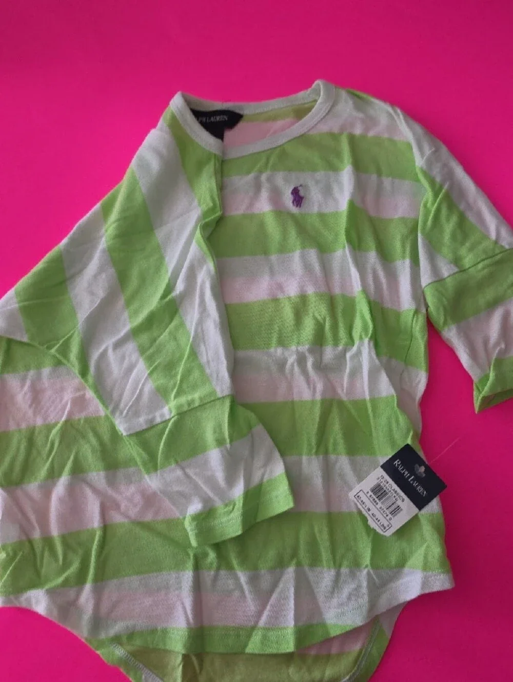 Ralph Lauren Lime Green and White Striped Girls Tee with Purple Pony